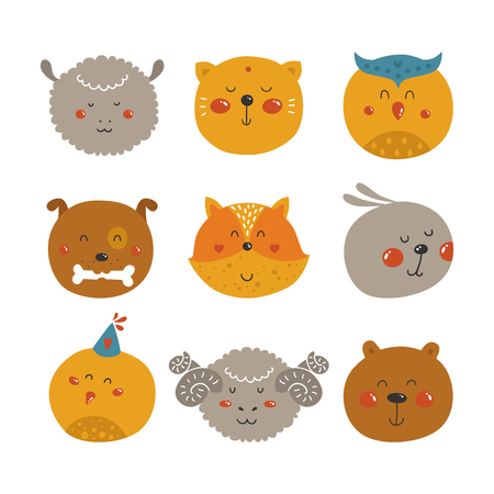 Cute Animal avatars, icon set. Set of Cartoon animals, cute baby animal in love. Animal face, Vector fox, rabbit, cat, merinos, bird, bear, dog, owl and sheep isolated on white background.のイラスト素材