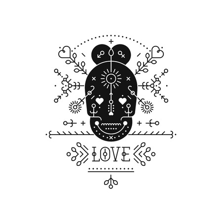 Tribal label with skull, lines, heart and typography. Tribal pattern, line art. Vector love sign, boho style for design save the date card, invitation, greeting cardsのイラスト素材