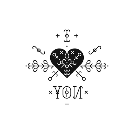 Tribal label with heart, lines and typography. I love you. Tribal pattern, line art. Vector love sign, boho style for design save the date card, invitation, greeting cardsのイラスト素材