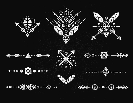 Hand drawn tribal collection with stroke, line, arrow, decorative elements, feathers, geometric symbols ethnic style. Flash Tattoo, tribal logo, boho shapesのイラスト素材