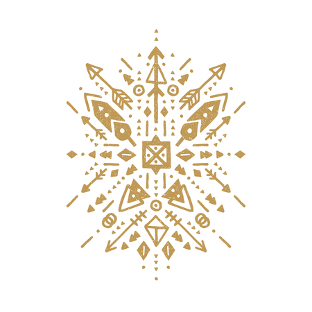 Vector tribal patterns, aztec shapes with ethnic elements. Gold tribal design, flash tattoo isolated on white backgroundのイラスト素材