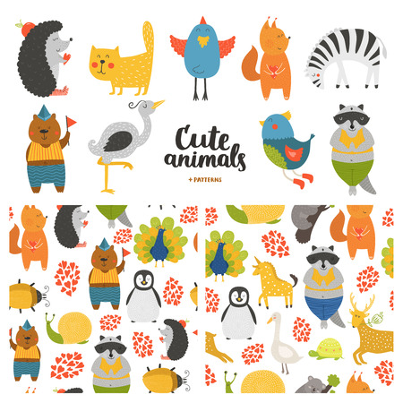 Cartoon animals collection and seamless patterns.  Vector cute cat, bear, bird, raccoon, hedgehog,  heron, zebra, squirrel isolated on white background, baby animals in loveのイラスト素材