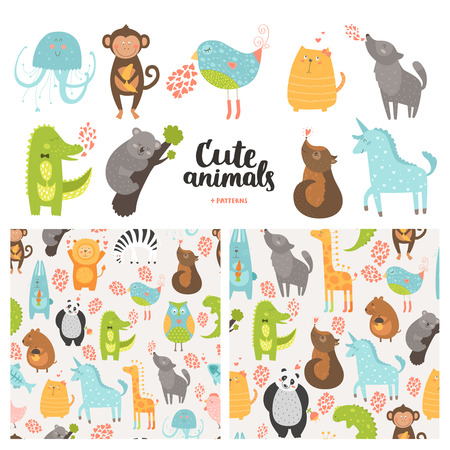 Cartoon animals collection and seamless patterns.  Vector cute monkey, bird, koala, jellyfish, cat, panda, crocodile, unicorn, wolf isolated on white background, baby animals in loveのイラスト素材