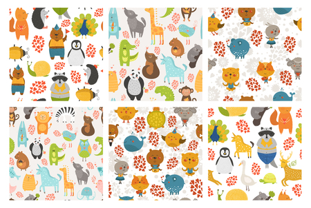 Set of cartoon animals backgrounds. Vector cute animal patternsのイラスト素材
