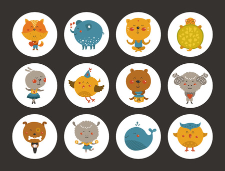 Set of animal avatars, cute baby animal stickers. Vector fox, turtle, owl and sheepのイラスト素材