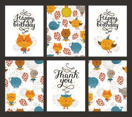 Vector animal cards, happy birthday card and thank you. Kids birthday partyのイラスト素材