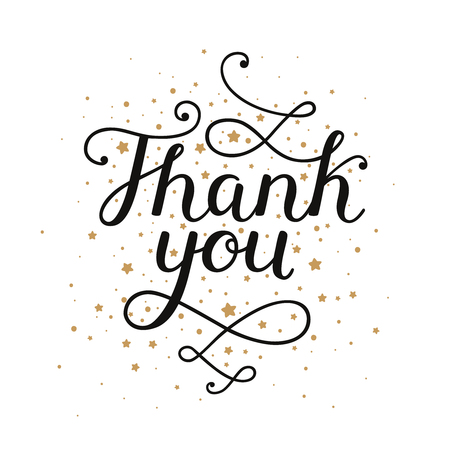Thank you card with hand drawn lettering and gold elements isolated on white background. Vector calligraphy for design cards, photo overlays, scrapbook and notesのイラスト素材