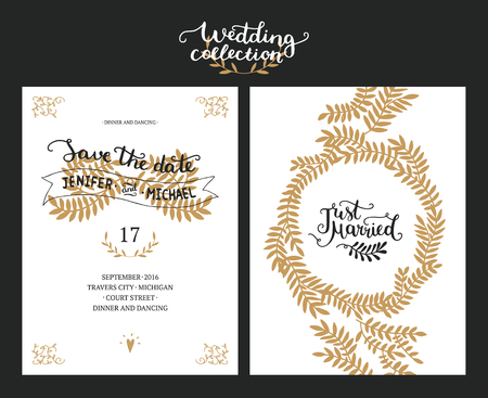 Save the date cards, wedding invitation with hand drawn lettering, heart and branches. Gold and black background. Vector Save the date templatesのイラスト素材