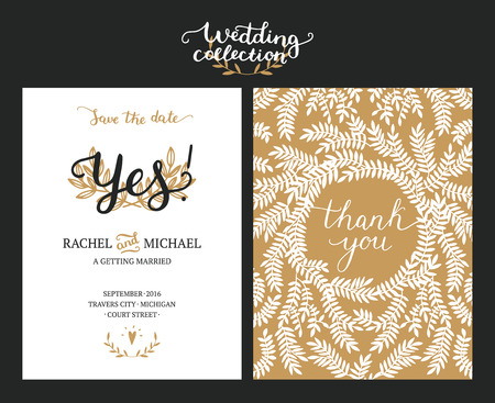 Save the date cards, wedding invitation with hand drawn lettering, heart and branches. Gold and black background. Vector Save the date templatesのイラスト素材