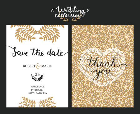 Save the date cards, wedding invitation with hand drawn lettering, heart and branches. Gold and black background. Vector Save the date templatesのイラスト素材