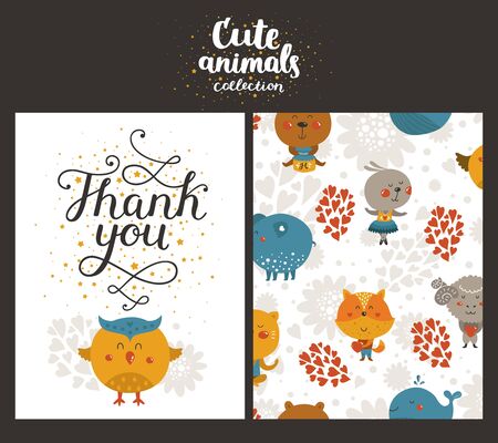 Vector animal cards, happy birthday card with lettering and cute owl. Kids birthday partyのイラスト素材
