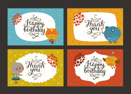 Set of Cute animal cards with lettering and baby animals in love. Fox, elephant, rabbit, bird. Vector greeting animal card, Thank you, Happy birthdayのイラスト素材