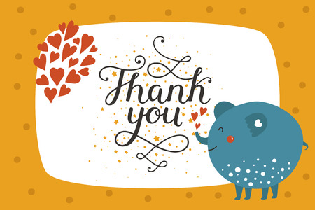 Cute animal card with elephant. Thank you card with baby animal in love and lettering. Vector greeting animal cardのイラスト素材