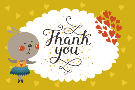 Cute animal card with rabbit. Thank you card with baby animal in love and lettering. Vector greeting animal cardのイラスト素材