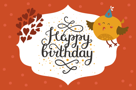 Cute animal card with bird. Happy birthday card with baby animal in love and lettering. Vector greeting animal cardのイラスト素材