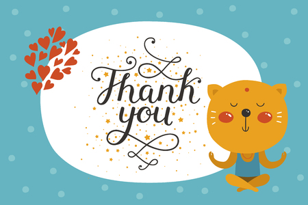 Cute animal card with cat. Thank you card with baby animal in love and lettering. Vector greeting animal cardのイラスト素材