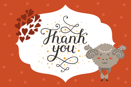 Cute animal card with merinos. Thank you card with baby animal in love and lettering. Vector greeting animal card, holiday templateのイラスト素材