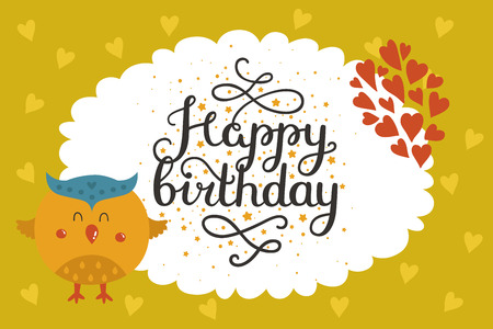 Cute animal card with owl. Happy birthday card with baby animal in love. Vector animal cardのイラスト素材