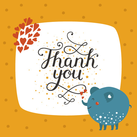 Vector thank you card with cute elephant and lettering. Greeting card with baby animal in love. Vector greeting animal cardのイラスト素材