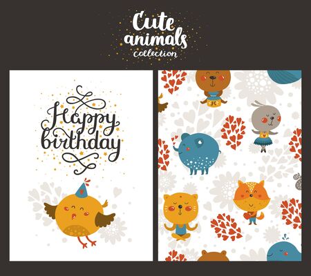 Vector animal cards, happy birthday card with lettering and cute bird. Kids birthday partyのイラスト素材