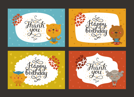 Set of Cute animal cards with lettering and baby animals in love. Cat, bear, owl, merinos. Vector greeting animal card, Thank you, Happy birthdayのイラスト素材
