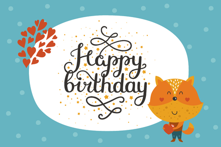 Cute animal card with fox. Happy birthday card with baby animal in love and lettering. Vector greeting animal cardのイラスト素材