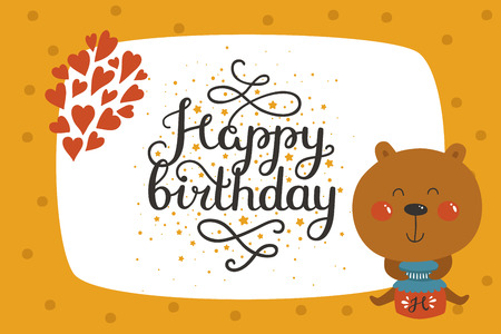 Cute animal card with bear. Happy birthday card with baby animal in love. Vector animal cardのイラスト素材