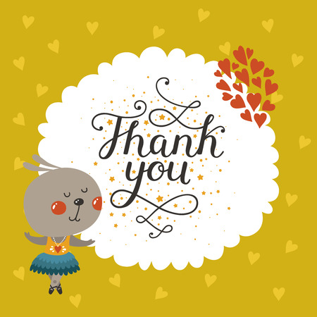 Vector thank you card with cute rabbit and lettering. Greeting card with baby animal in love. Vector greeting animal cardのイラスト素材