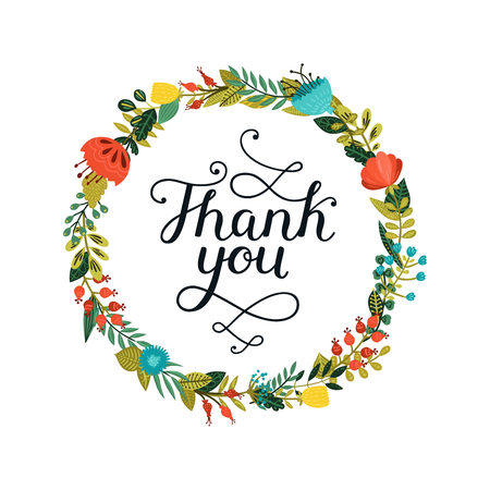 Thank you card with hand lettering and cute floral wreath on white background. Vector thank you cardのイラスト素材