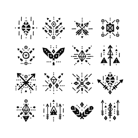 Handdrawn tribal patterns with line, arrow, feathers, decorative elements, geometric symbols Aztec style. Boho pattern, tribal logo, hipster shapesのイラスト素材