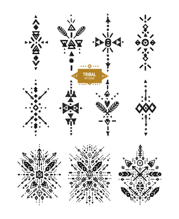 Hand drawn tribal patterns with stroke, line, arrow, boho elements, feathers, geometric symbols rustic style. Flash Tattoo, tribal, boho shapesのイラスト素材
