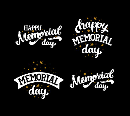 Happy memorial day, text with stars and ribbon on black background. Gold and black. Vector memorial day backgroundのイラスト素材