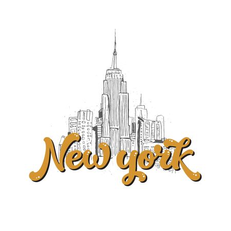 New york lettering, modern text and skyline city. Vector New york print, hand drawn font for design cards, printsのイラスト素材