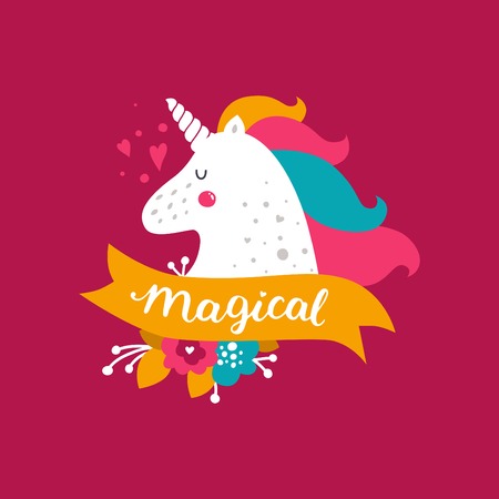 Vector baby unicorn. Kids illustration for design prints, cards and birthday invitations. Girl cards with cute unicorn, flowers and hand drawn lettering on pinkのイラスト素材
