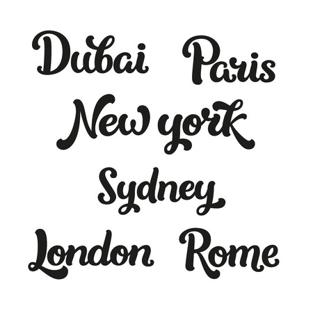 Vector font for design cards, prints, banners. Travel signs isolated on white background. Dubai, Paris, New york, Sydney, London and Romeのイラスト素材