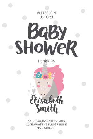 Baby shower poster, vector invite. Baby shower card with cute unicorn and hand drawn font on white background, pastel colorsのイラスト素材