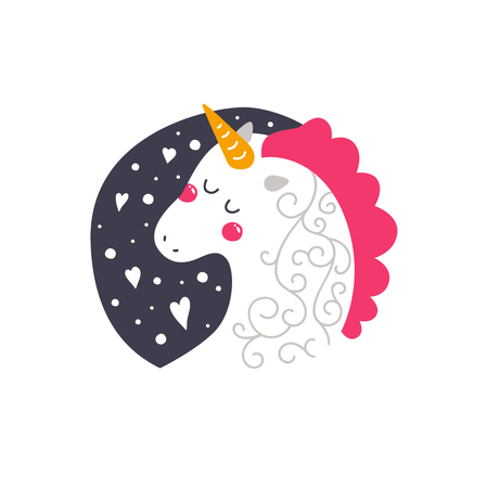 Vector baby unicorn. Kids illustration for design prints, cards and birthday invitations. Girl card with cute unicorn on white backgroundのイラスト素材