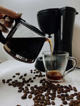 mug of black espresso coffeeの写真素材