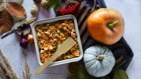 pumpkin and julienne with mushrooms and chickenの写真素材