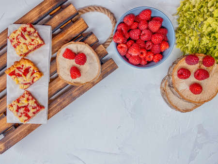 homemade strawberry pie and raspberriesの写真素材