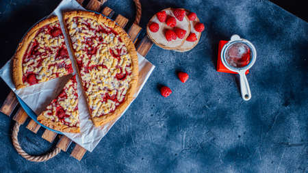 homemade strawberry pie and raspberriesの写真素材