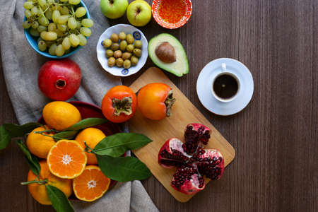Turkish breakfast of fruits and coffeeの写真素材