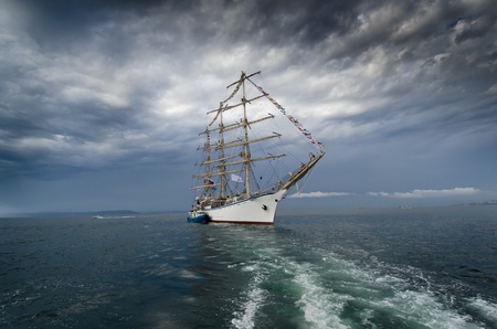 Sailing-ship in Japan sea before storm