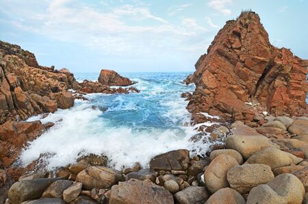 Tide after storm, Sea of Japan, rock shoreの写真素材