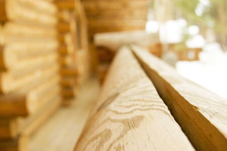 house in the woods in winter, pine, natural texture, winter nature, wooden houseの写真素材