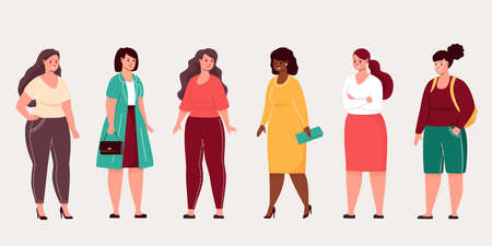 Chubby girl isolated set. Plus size young women in fashion clothes. Vector illustration body positive concept.のイラスト素材