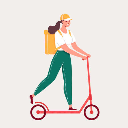 Vector illustration Girl riding scooter. Delivery service. Courier services. Express delivery of parcelsのイラスト素材