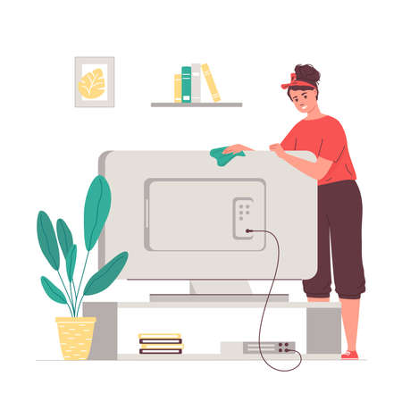 Young woman doing house cleaning. Girl wipes dust on TV. Woman busy with household chores vector illustrationのイラスト素材