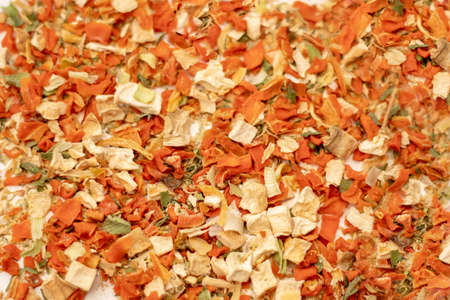 Close-up photo of Dried vegetables Full frame. Bright taste of dishes, ease of cooking. Traditional spices. Healthy food concept and backgroundの写真素材