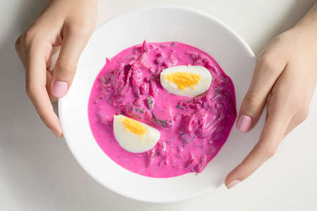 Cold soup with beets, eggs and kefir. Traditional Russian, Polish, Lithuanian cuisine Vegetarian...
